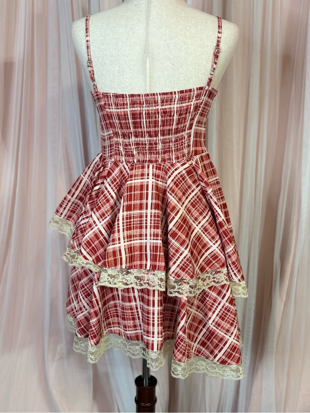 Red Plaid Lace Tiered Cottagecore Coquette Mini Dress Size M - Picture 8 of 16